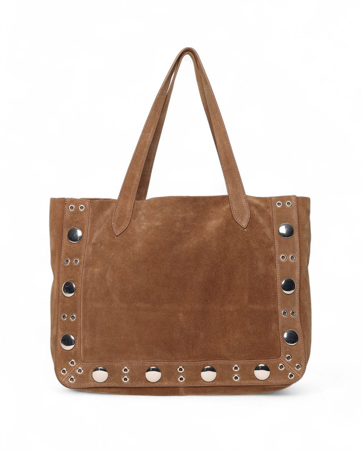Flynn Studded Tote, Brown Suede Goat