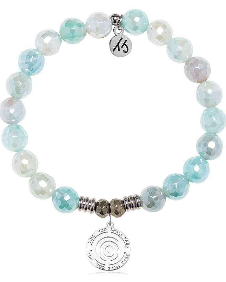 Aqua Agate Gemstone Bracelet with This Too Shall Pass Sterling Silver Charm
