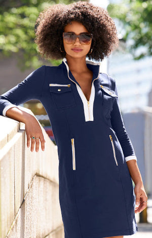Model wearing navy and white Three Quarter Sleeve Chic Zip Dress.