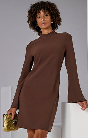 models wearing brown flare sleeve travel dress