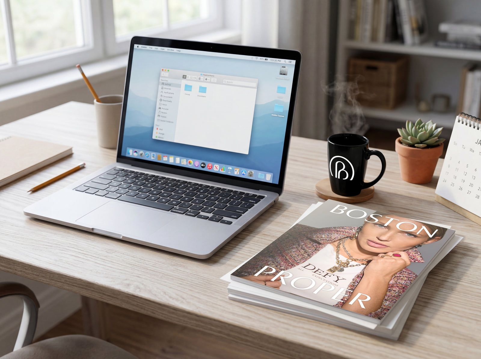 A styled desk scene with an open silver laptop, a stack of magazines including one titled 'BOSTON Diary PROPER', a black mug with a white monogram logo, pencils, a notebook, and small potted plants near a window.