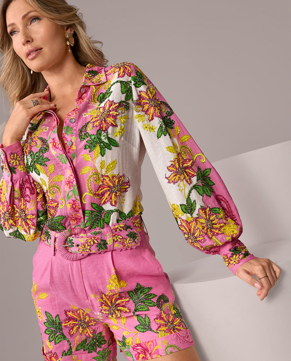 models wearing matching floral two piece