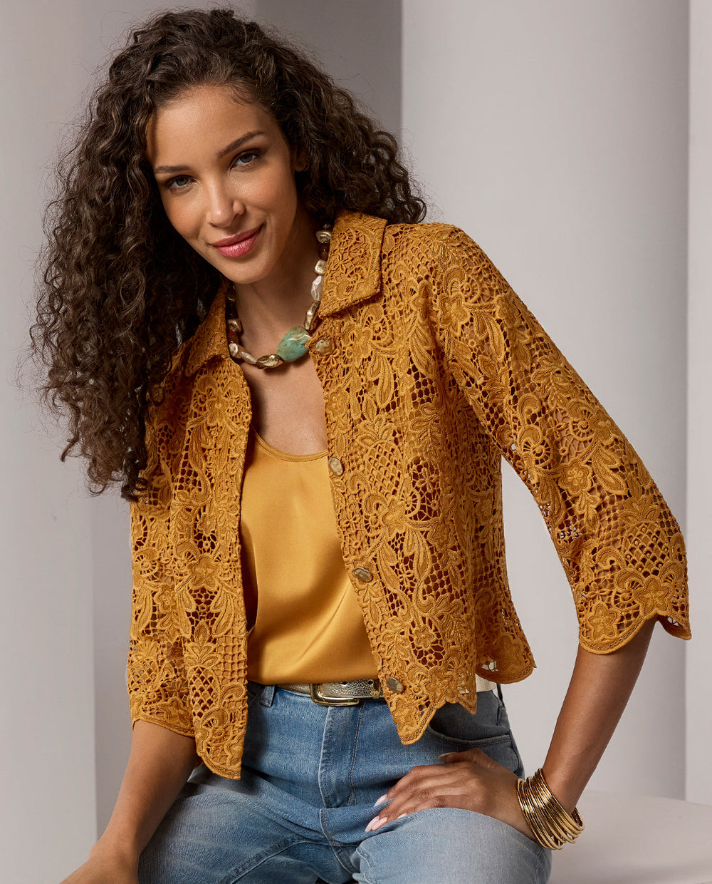 models wearing bronze cardigan