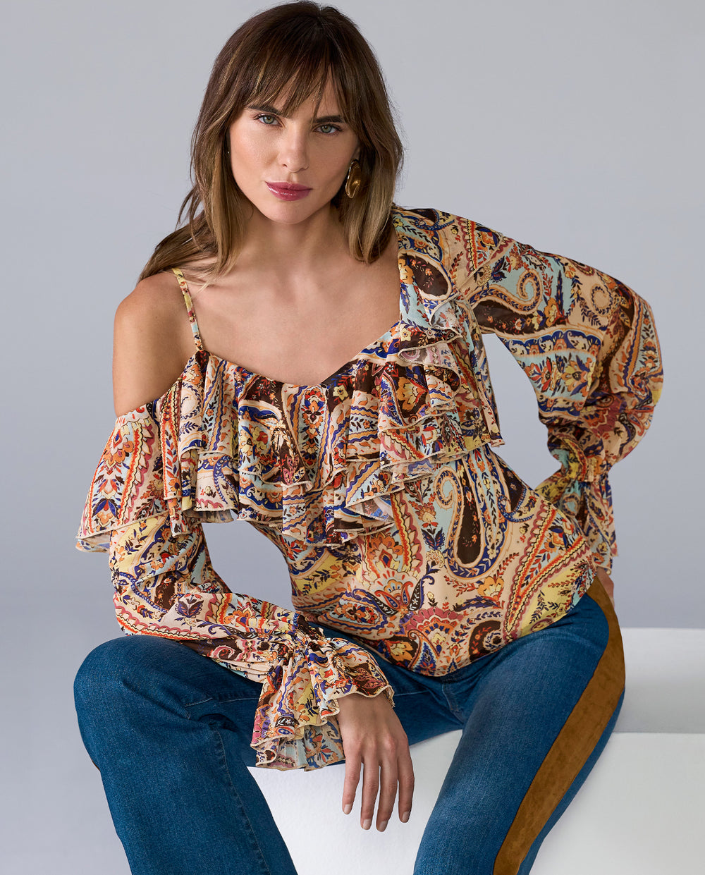 models wearing paisley cold shoulder top