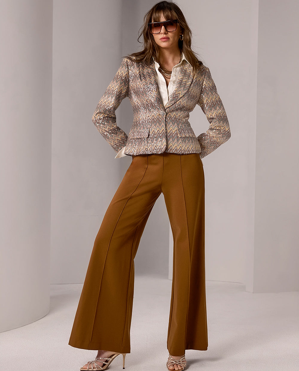 models wearing brown wide leg pant