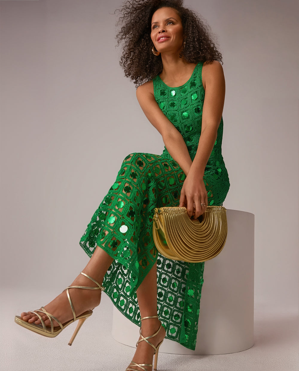 models wearing sequin crochet green dress