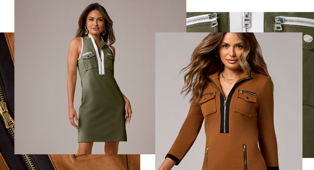 A collage showing a woman modeling an olive green sleeveless dress with a white zipper detail and a brown long-sleeve zip-front dress, alongside close-up details of the garments.