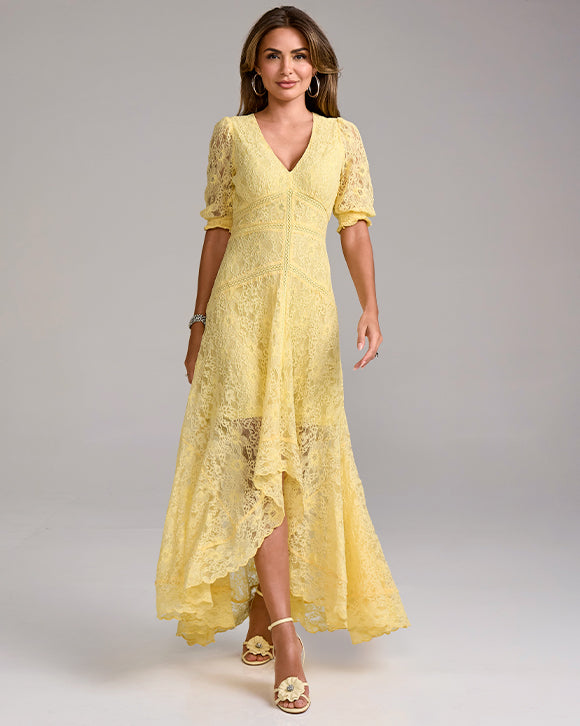 models wearing yellow lace dress
