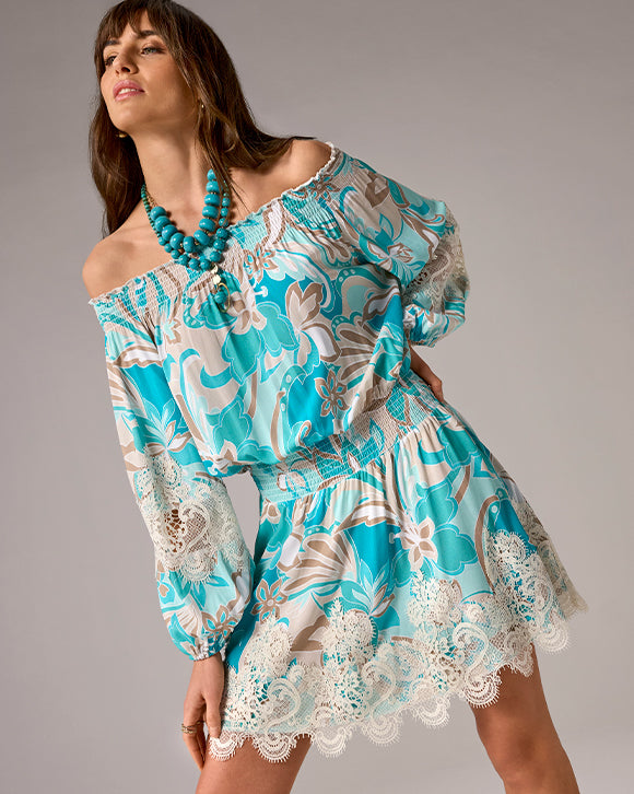 models wearing abstract blue dress
