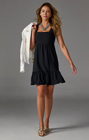 models wearing short black tiered dress