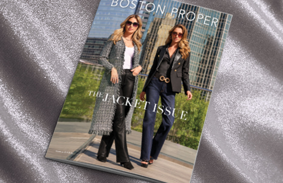Silver metallic background with Boston Proper The Jackets Issue Catalog.