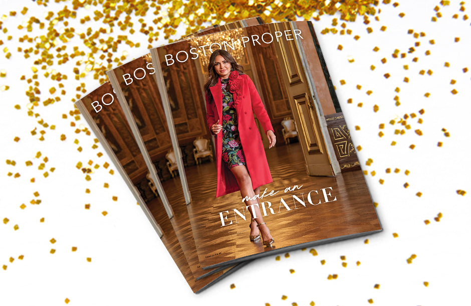 Holiday catalog with red rosette jacket and lace mutli dress.