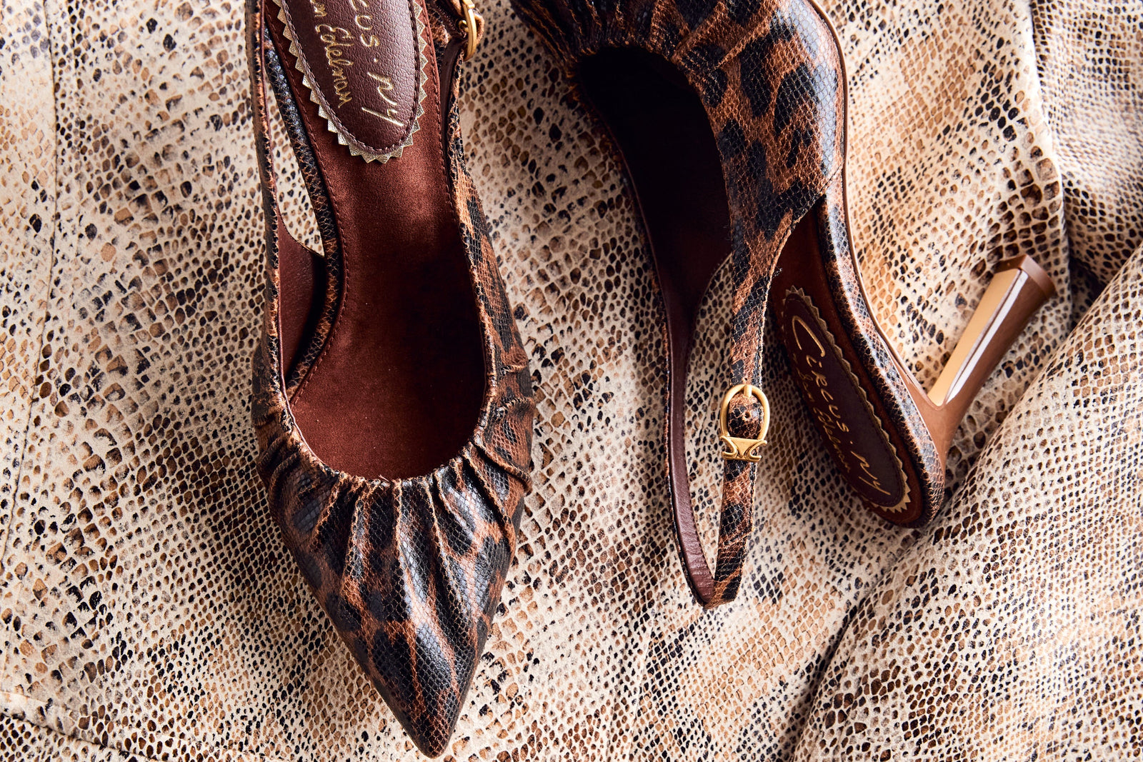 A pair of pointed-toe slingback pumps in a brown and black leopard print, styled on top of a beige snakeskin-patterned jacket.