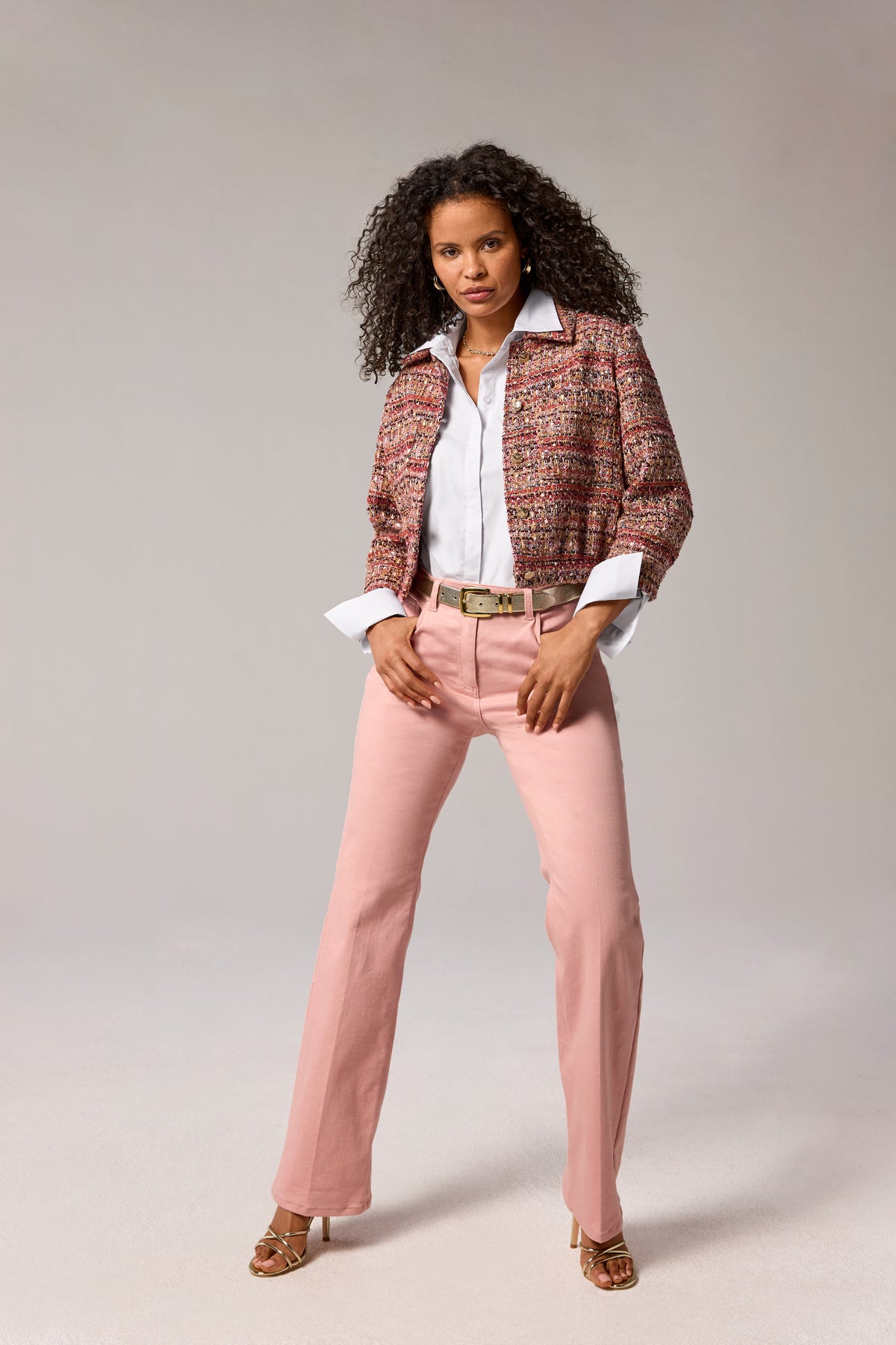 3/4 Sleeve Bomber Tweed Jacket with Novelty Buttons Purple Multi