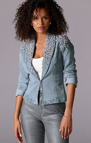 Light Blue Tweed Denim Jacket Co-ord Set With Statement Buttons