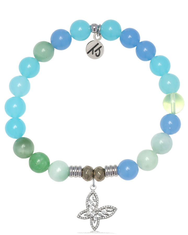 Multi Blue Jade Gemstone Bracelet with Butterfly CZ Sterling Silver Charm