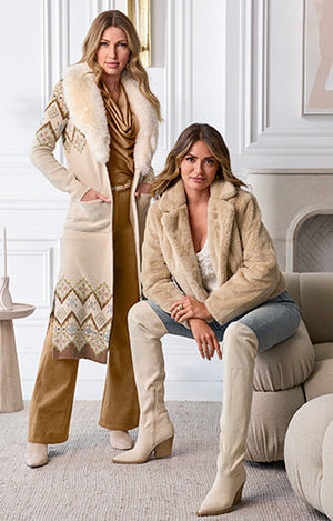 models are wearing tan faux fur coats
