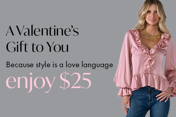 Woman wearing a pink blouse with ruffles and text about a Valentine's Day offer.