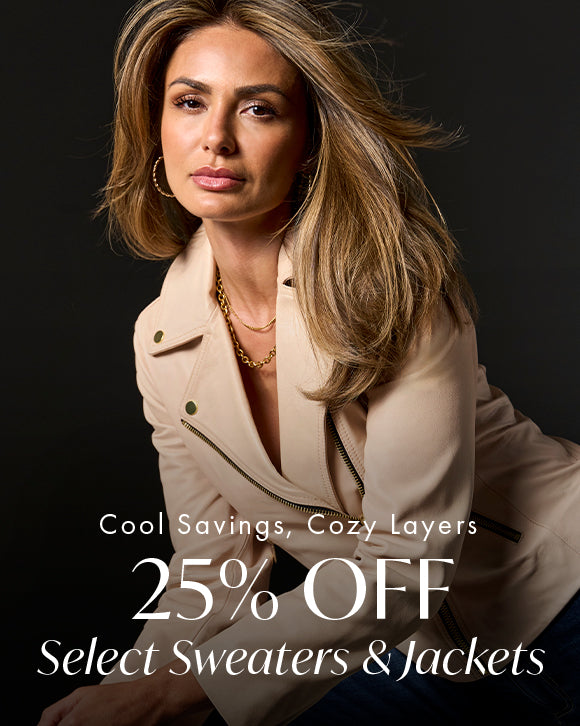 Models wearing a off white leather jacket.