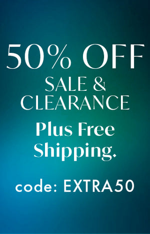 Promotional text for a 50% off sale and clearance with free shipping on a blue background.