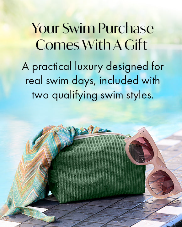 Green bag with a patterned towel and pink sunglasses on a poolside background with promotional text.