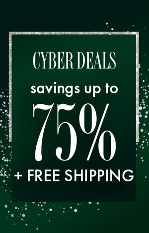 Deep emerald background with cyber deals savings up to 75% + free shipping.