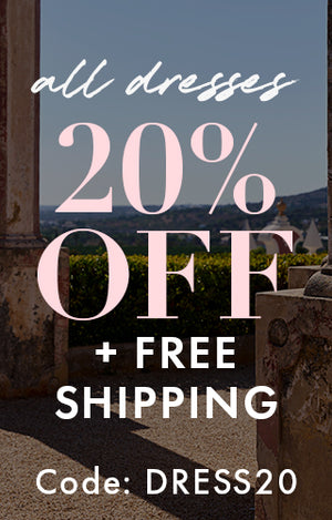 White and pink text over scenic background: All dresses 20% off + free shipping. Code: DRESS20.