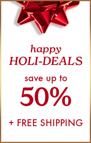 White background with red ribbon and happy holi-deals save up to 50% + free shipping in red writing.