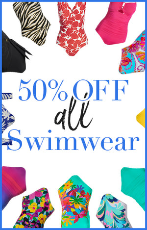 Blue text on white background with swimwear: 50% off all swimwear.