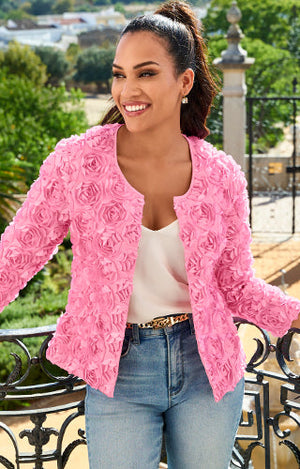 Models wearing a rosette pink jacket, white tank top and light wash jeans.