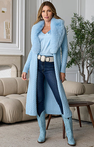 models wearing blue duster with faux fur collar