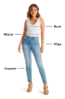 Measurement diagram showing bust, waist, hips, and inseam points on a model